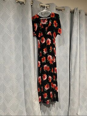 Forever 21 Black Maxi Dress with Red & Pink Floral Print